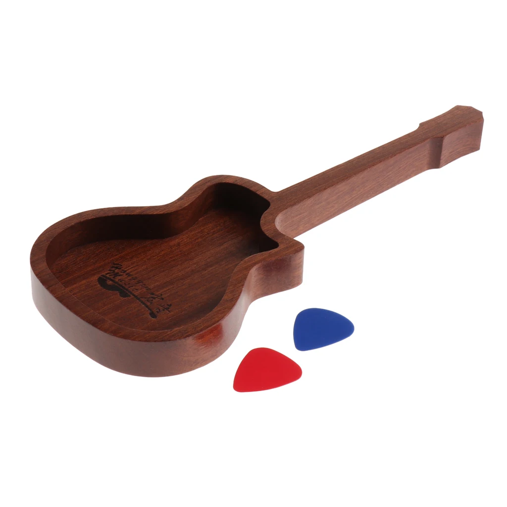 Durable Wooden Guitar Bass Pick Plectrums Box With 2pcs Picks