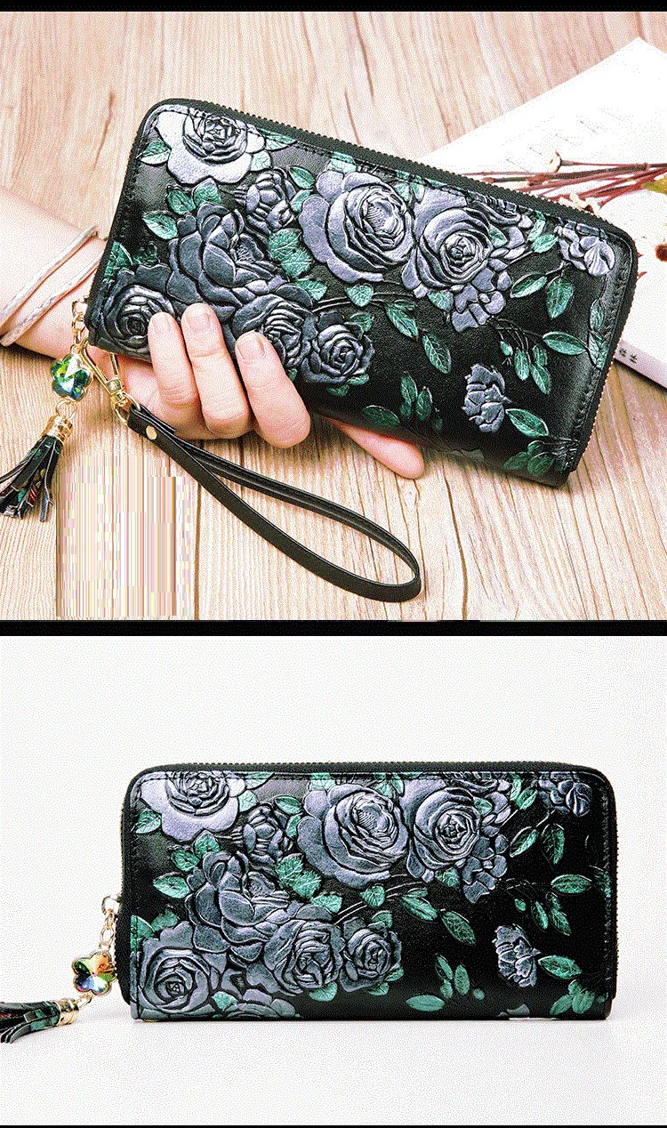Echtes Leder Brieftasche Frauen Große Kapazität Karte Halter Geldbörse Floral Frauen Leder Brieftaschen Lange Weibliche Geldbörse – Detail 10