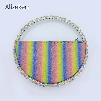 

Sequins Diamond Circular Evening Bag Women 2020 New Designer Round Handle Dinner Clutch Purse Ladies Half Moon Rainbow Handbags