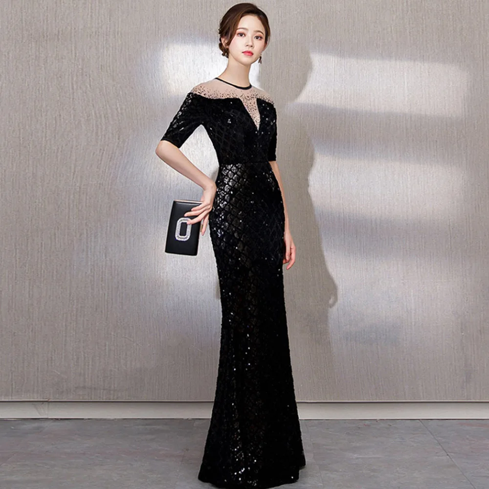 Celebrity Dress Black Mermaid With Half Sleeve Shunning Neck Formal Evening Gown Sexy Side Split