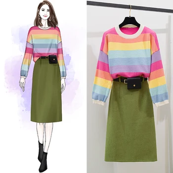 

New Winter Rainbow Korean Fashion Striped Pullovers PU Leather Skirt Of Tall Waist A-Line Skirts Women Outfit 2 Pcs Set Clothing