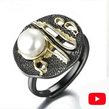 

Baroque style S925 simple plate black gold sterling cute freshwater pearl ring mother's day best fine Antique