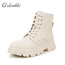 U-DOUBLE 2022 New Real Leather Women Ankle Boots Big Size 41 Lace-up Martin Boots Autumn Winter Warm High Quality Ladies Boots