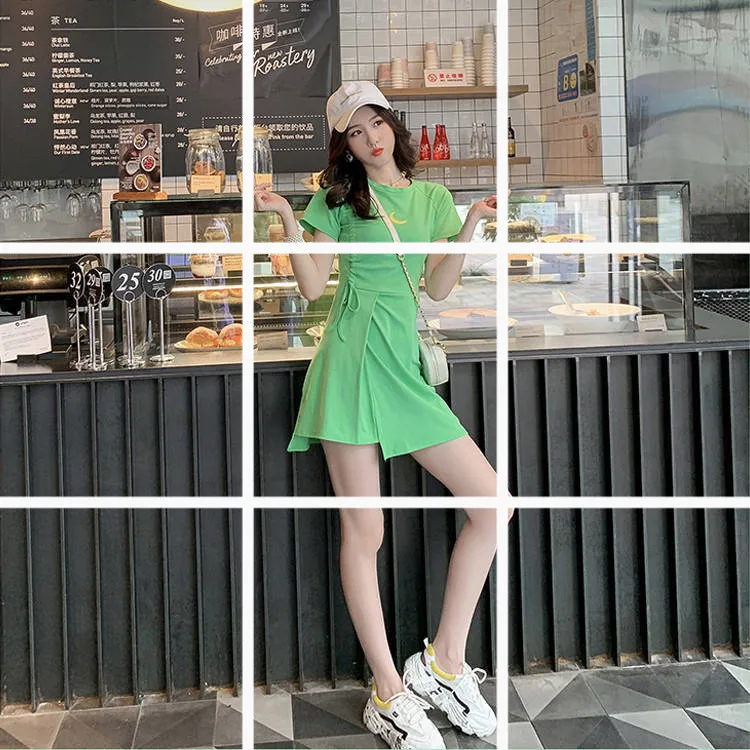 

By Age Sporty Drawstring Green Short Sleeve T-shirt Dress Summer 2019 New Style Slim Fit GIRL'S Asymmetric Skirt