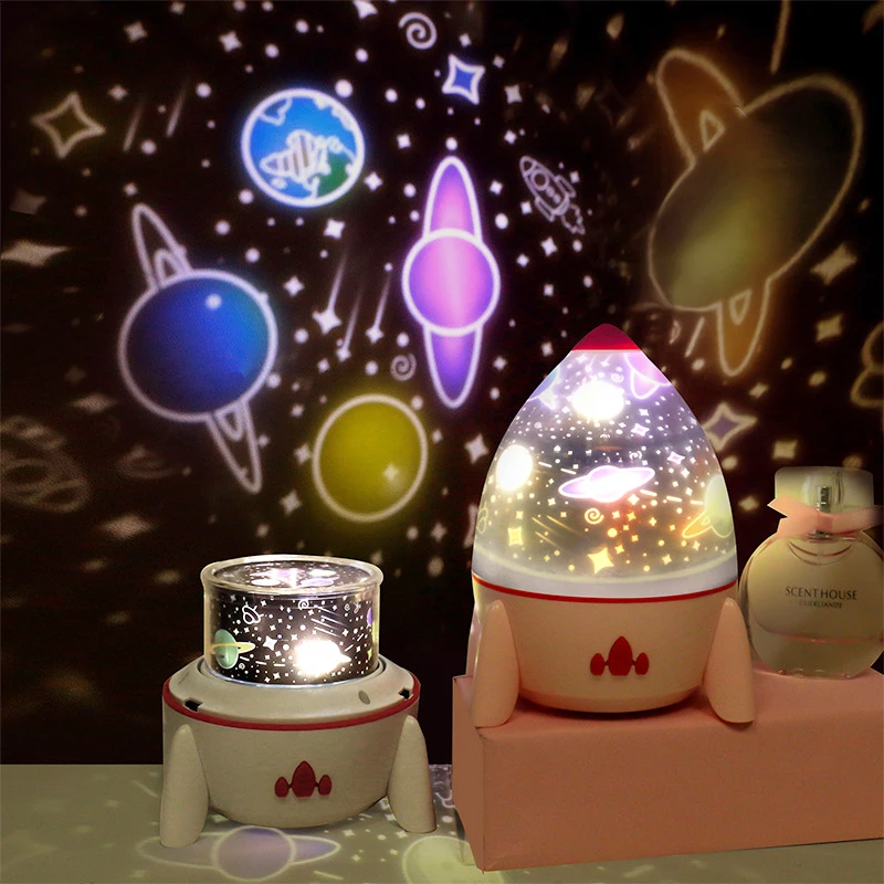 

LED Colorful Rocket Rotating Projector Lamp With Star Universe Ocean Birthday Five Slides Night Light Space Starry Sky for Gift