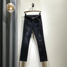 Рваные джинсы весна и осень новые женские повседневные укороченные брюки корейские тонкие с высокой талией тонкие эластичные прямые брюки