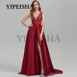 V-Neck Backless A-Line Evening Dresses Satin Lace Appliques Front High Split Simple Prom Gown robes de soirée vestidos de fiesta