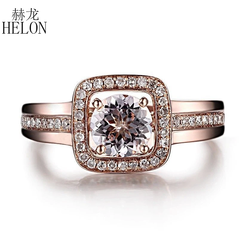 

HELON Solid 10K Rose Gold Round 6mm Flawless 0.68ct Genuine Morganite Halo Diamonds Engagement Wedding Fine Jewelry Diamond Ring