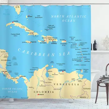 

Wanderlust Shower Curtain, Caribbean Political Map Capitals National Borders Important Cities Rivers Lakes, Cloth Fabric