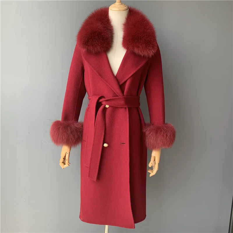 Women's Wool Coat Spring Real Fox Fur Collar Woolen Jacket Adjustable Waist Slim Ladies Long Overcoat
