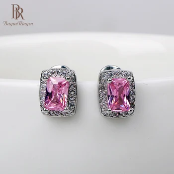 

Bague Ringen Silver 925 Jewelry Gemstones Earrings for Women Geometry Square Pink AAA Zircon Ear Studs Female Dating Party Gift