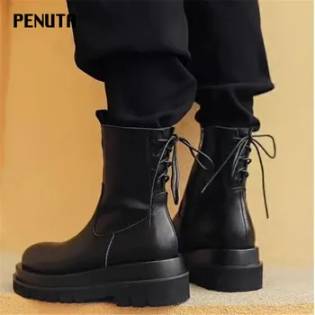 

2020 Platform Boots Gothic Round Toe Genuine Leather Punk Shoes Fashion Designer Ladies Short Booties Black Zapato Mujer D0143