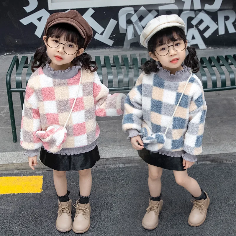 

2019 Winter New Style Girls Warm And Nap Sweater Baby High Collar Western Style Plaid Thick Base Shirt with Bag