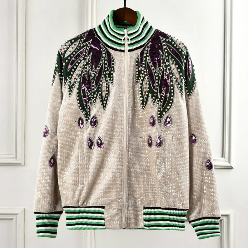 

CAMIA Embroidered Sequins Beads Baseball Jersey Velvet Winter Jacket Women