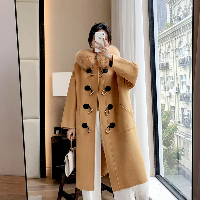 

Winter Women long Real Fox Fur jacket Cashmere double faced Wool Outerwear Ladies oversized Horn Button hooded coats