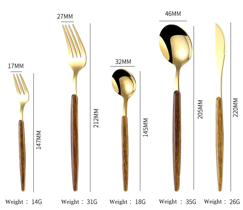 Description Picture 6 of item30Pcs Stainless Steel Dinner Gold Imitation Wooden Handle Dinnerware Knife Coffee Spoon Fork Cutlery Set Tableware Silverware