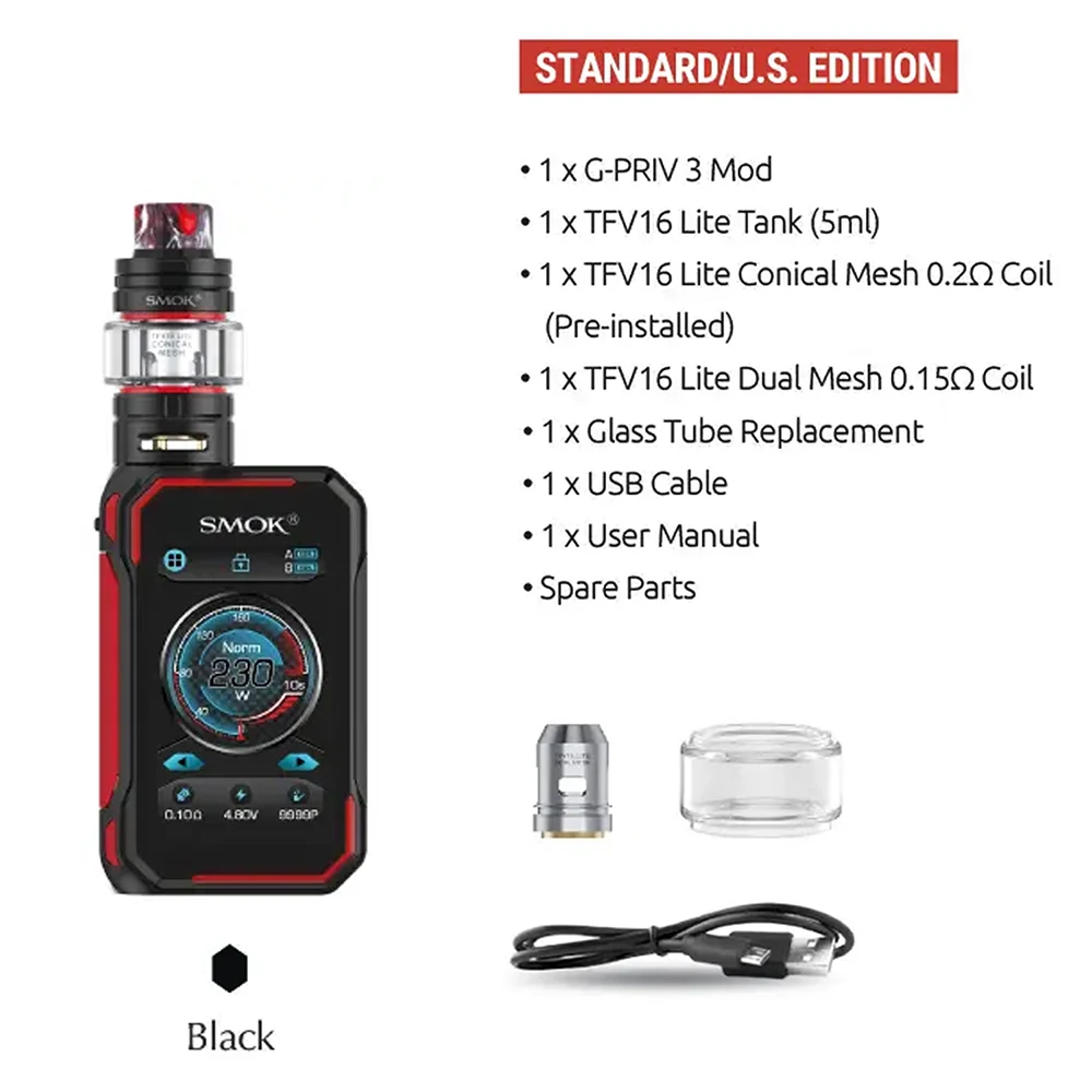 SMOK 230 Вт G-PRIV 3 сенсорный экран Vape мод 5 мл TFV16 Lite Танк вейп-комплект электронной сигареты испаритель VS G-PRIV 2 комплект - Цвет: Black