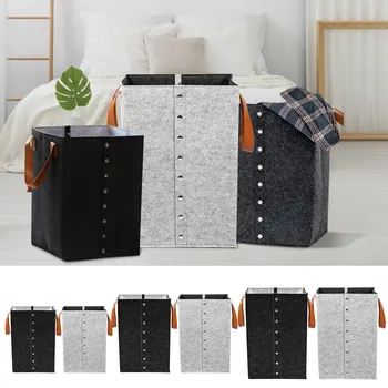 

DIDIHOU Portable Laundry Basket Felt Clothes Food Toys Storage Bin with PU Leather Handles Button Gray/black Lightweight