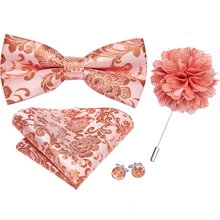 

Hi-Tie Classic Wedding Party Brooch Bowtie Set Silk Floral Peach Coral Red Brooch Men Bow Tie Pocket Square Cufflinks Set