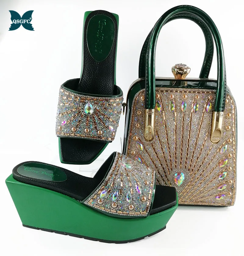 Для женщин комплект из обуви и сумки в Италии фиолетовый цвет итальянский дизайн; комплект из туфель и подходящей сумочки в тон, украшенные Стразы нигерийской свадьбы - Цвет: Green