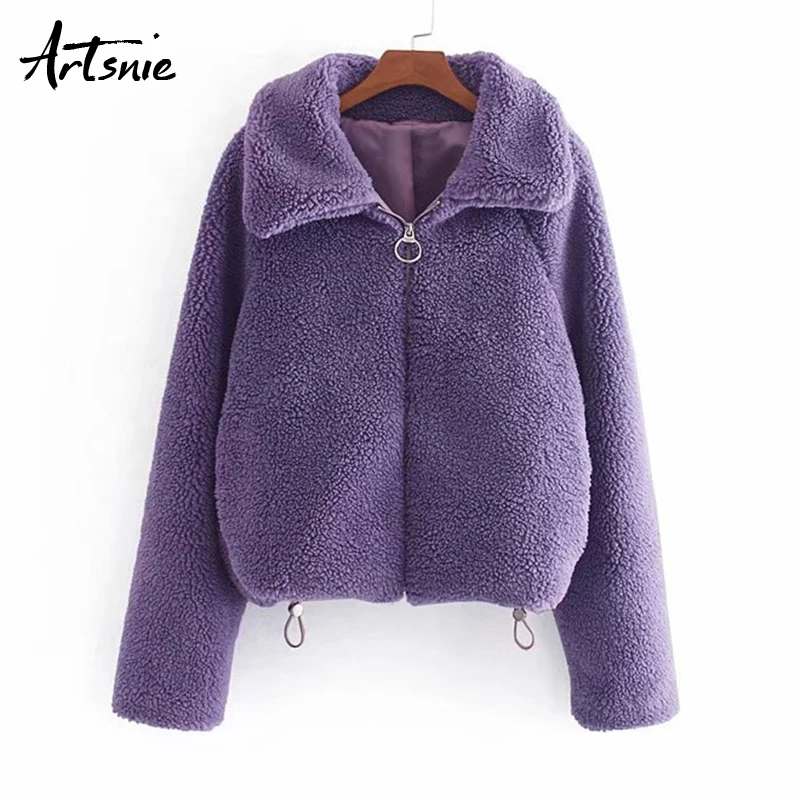 

Artsnie autumn 2019 casual jacket women turn down collar long sleeve coats streetwear thick faux fur warm winter jackets mujer