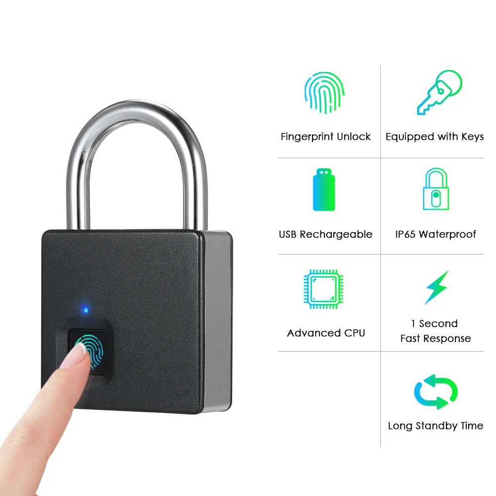 

Fingerprint Lock USB Rechargeable Anti-Theft Padlock 10 Sets Fingerprints IP65 Waterproof Security Door Lock with 2 Keys