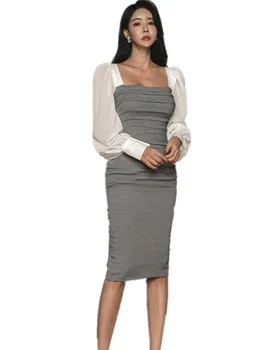 

Women Runway big Size Chiffon Sleeve Slim Over Knee Dress 2019 Newest Korean Womans Elegant Square Collar Long Dresses Vestidos