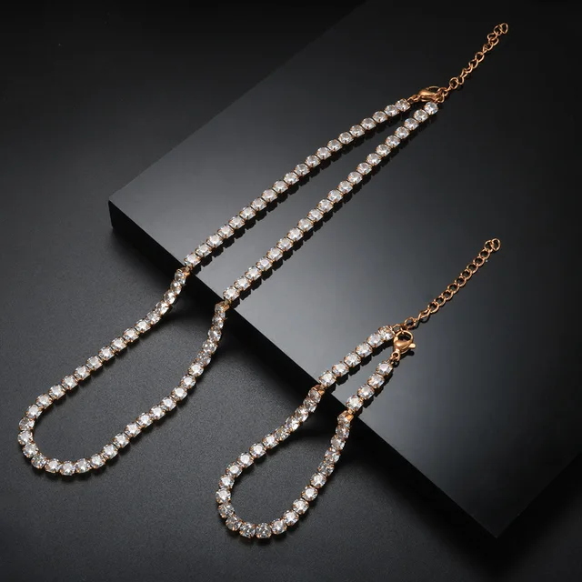 Fashion High Quality Stainless Steel Cubic Zirconia Collar Necklace Rhinestone Bracelet Woman Trendy Jewelry Set Gift Wholesale Rose Set