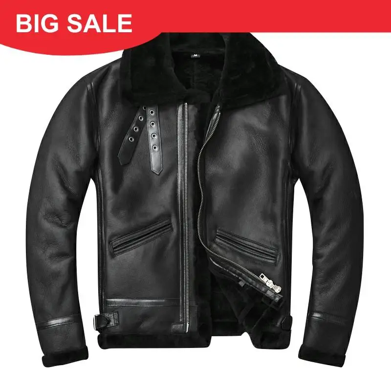 

2020 Black Men American Style B3 Pilot Leather Jacket Plus Size XXXXL Genuine Thick Winter Natural Shearling Coat FREE SHIPPING