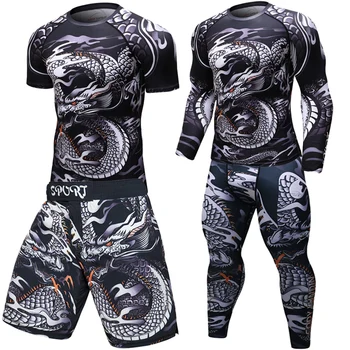 

Mens New UFC MMA Set WorkOut Compress Men t-shirt Long Sleeves BJJ Fitness Tights Rashguard Tshirt + trousers Men's Running Sets