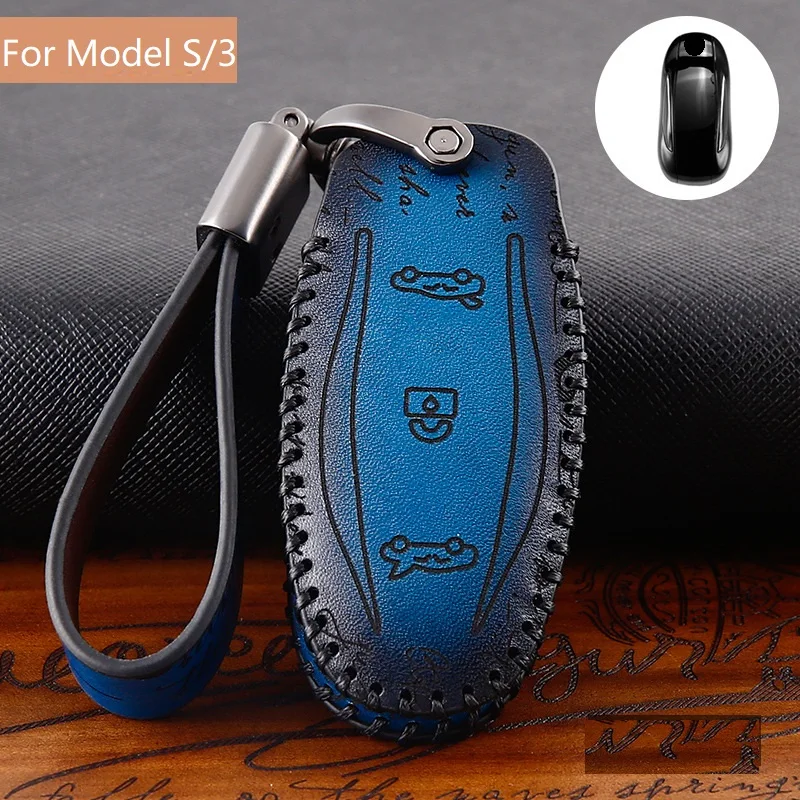 Blue For Model S 3 Автомобильные аксессуары из натуральной кожи, автомобильный чехол для дистанционного ключа, чехол-держатель для Tesla, модель S, модель X, модель 3 - Название цвета: Blue For Model S 3