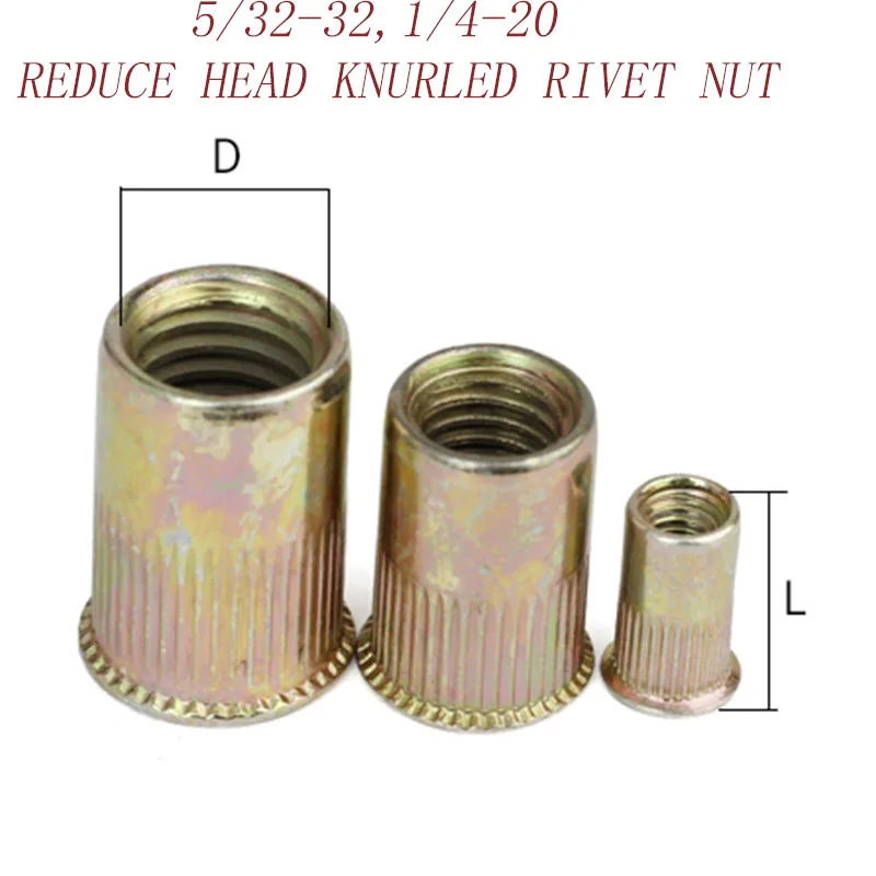 

20pcs/lot 5/32-32 1/4-20American standard plated zinc carbon steel reduce head knurled body rivet nut insert nut1197