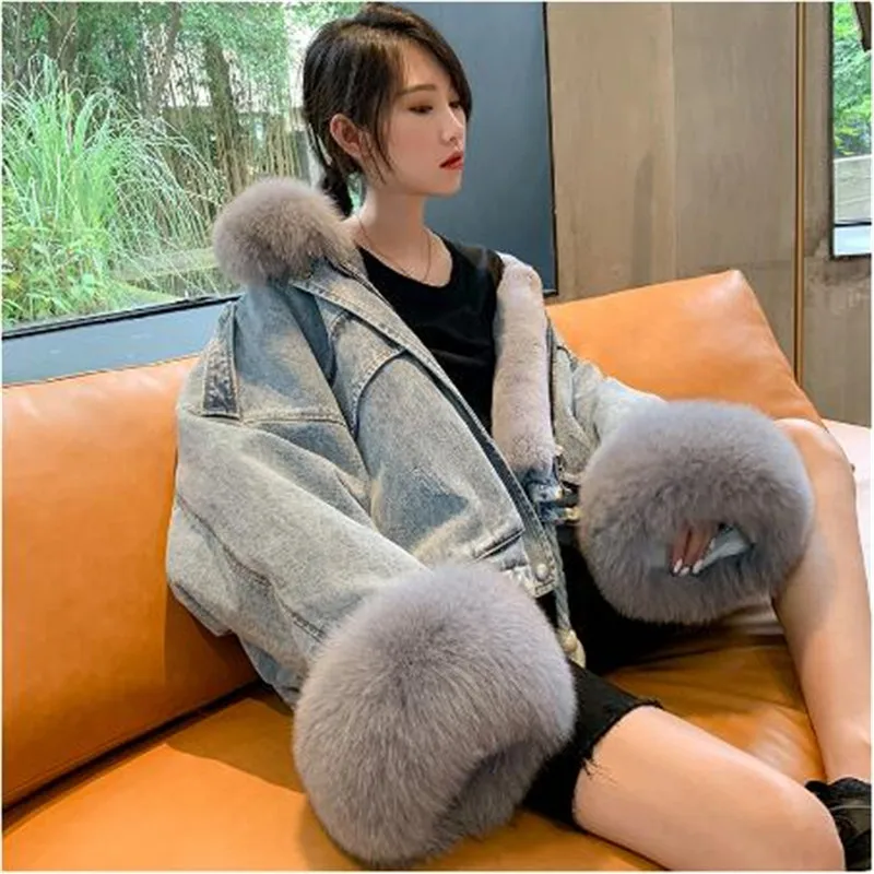 

2019 new Winter Jacket Removable Denim Parka Women Cuffs Rabbit Lining Real Fox Fur Collar Warm Loose Outerwear