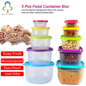 

5Pcs/Set Sealed Square Round Crisper Refrigerator Rainbow Food Storage Boxes Preservation Box Container Kitchen Supplies ZXH
