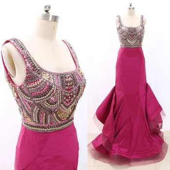 

MACloth Fuchsia Mermaid O Neck Floor-Length Long Crystal Satin Prom Dresses Dress S 268037 Clearance