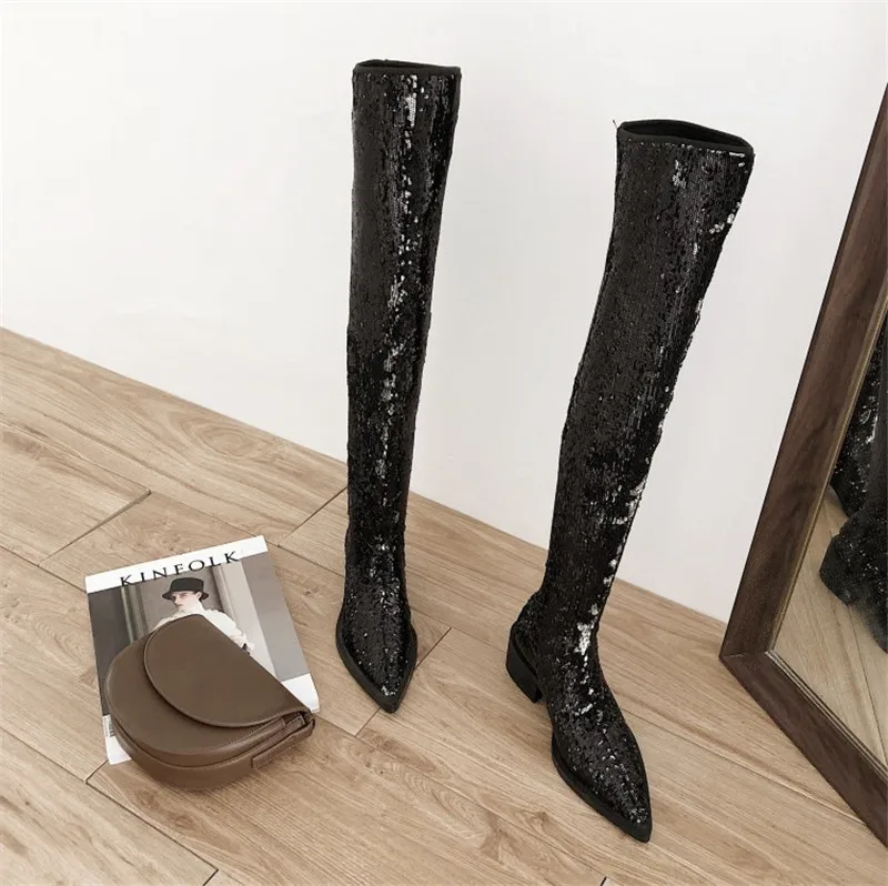 Prova Perfetto/высокие сапоги до бедра блестящие женские высокие сапоги пикантная модель женские ботфорты с острым носком женская обувь - Цвет: Черный