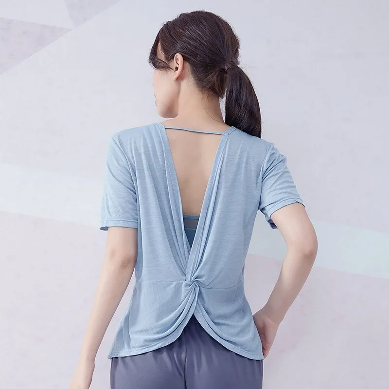 Vansydical Womens V-Neck Yoga Shirts Sexy Backless Quick Dry Running T-Shirts Short Sleeve Workout Gym Fitness Loose Sports Tops