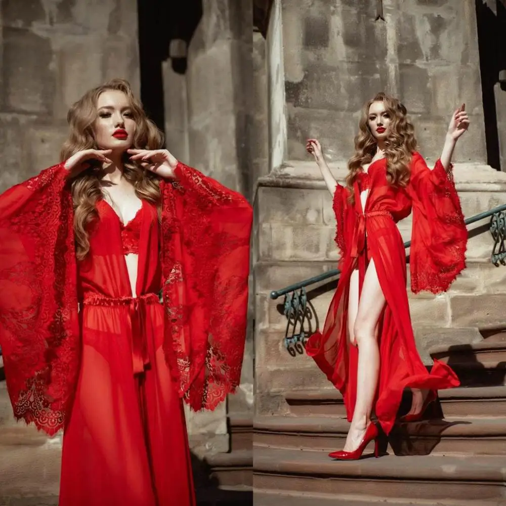 

Red Bridal Sleepwear Women's Robe Lace Bathrobe Night Dress Sexy Illusion Womens Designer Pyjamas Femme Lingerie