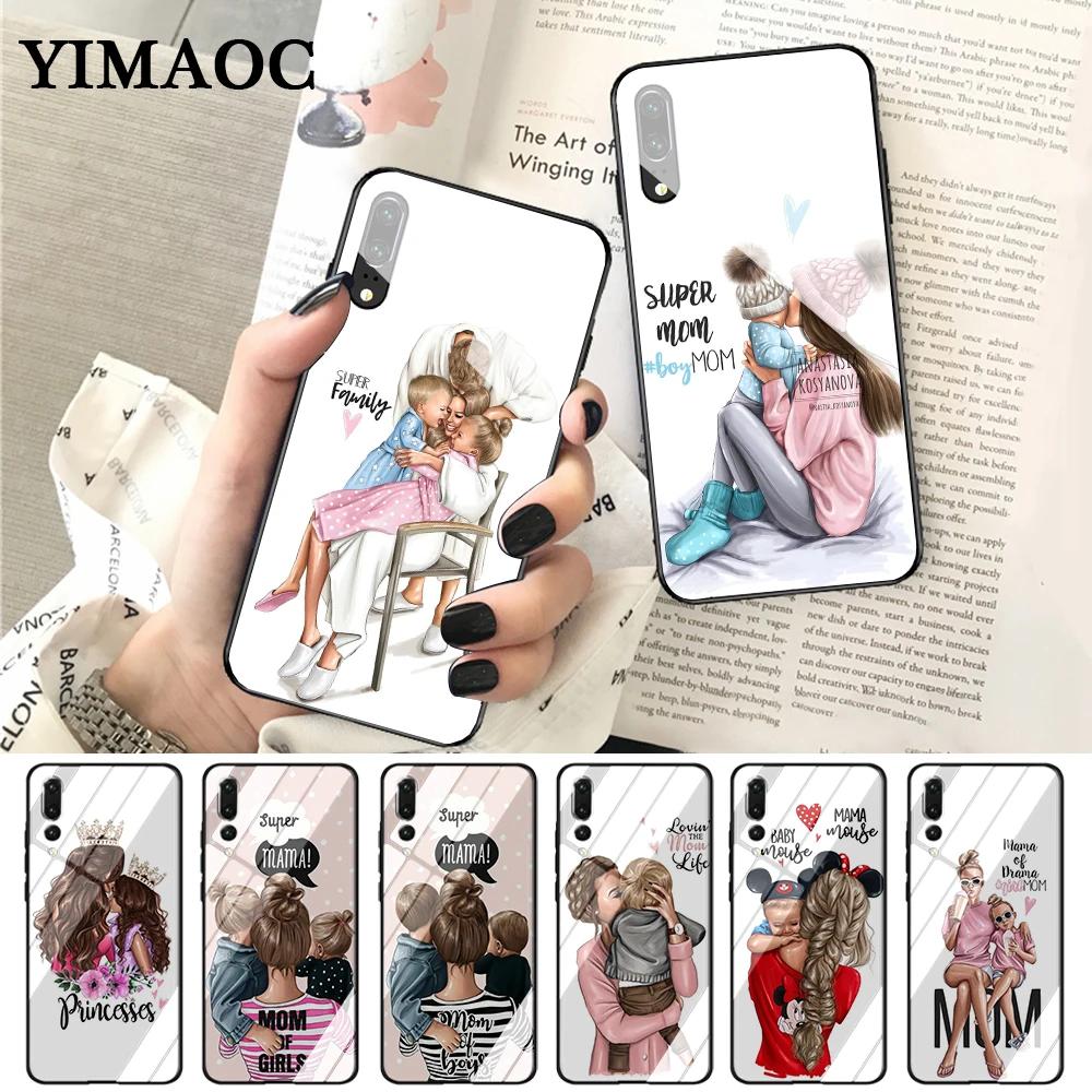 YIMAOC Mom and baby Special Offer Luxury Glass Case for Huawei P10 lite P20 Pro P30 P Smart honor 7A 8X 9 10 Y6 Mate 20 |