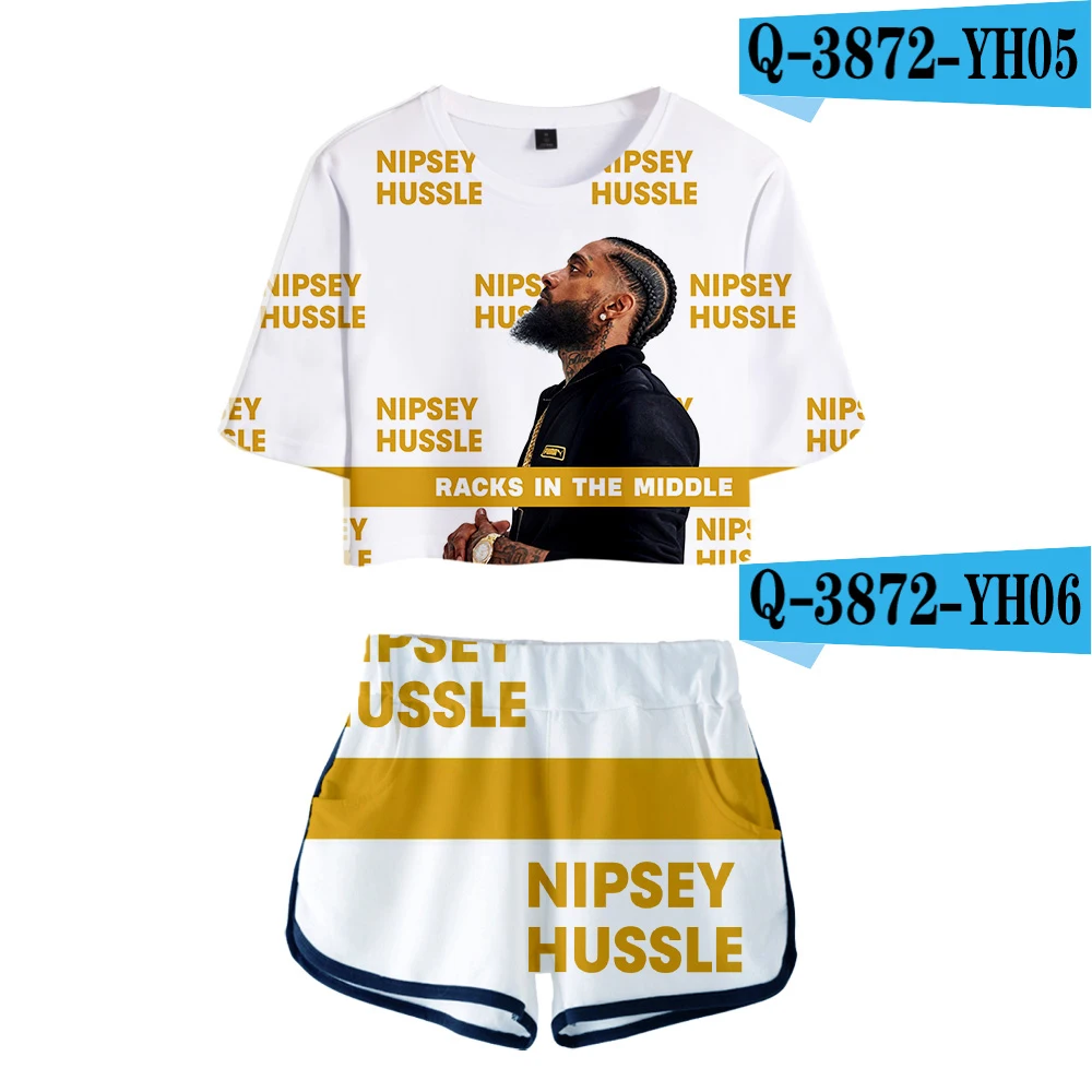 F Nipsey hussle/женские комплекты с принтом,, альбом, пупок, короткий рукав и короткие штаны, круглый вырез, летний комплект из двух предметов, оверсайз - Цвет: F
