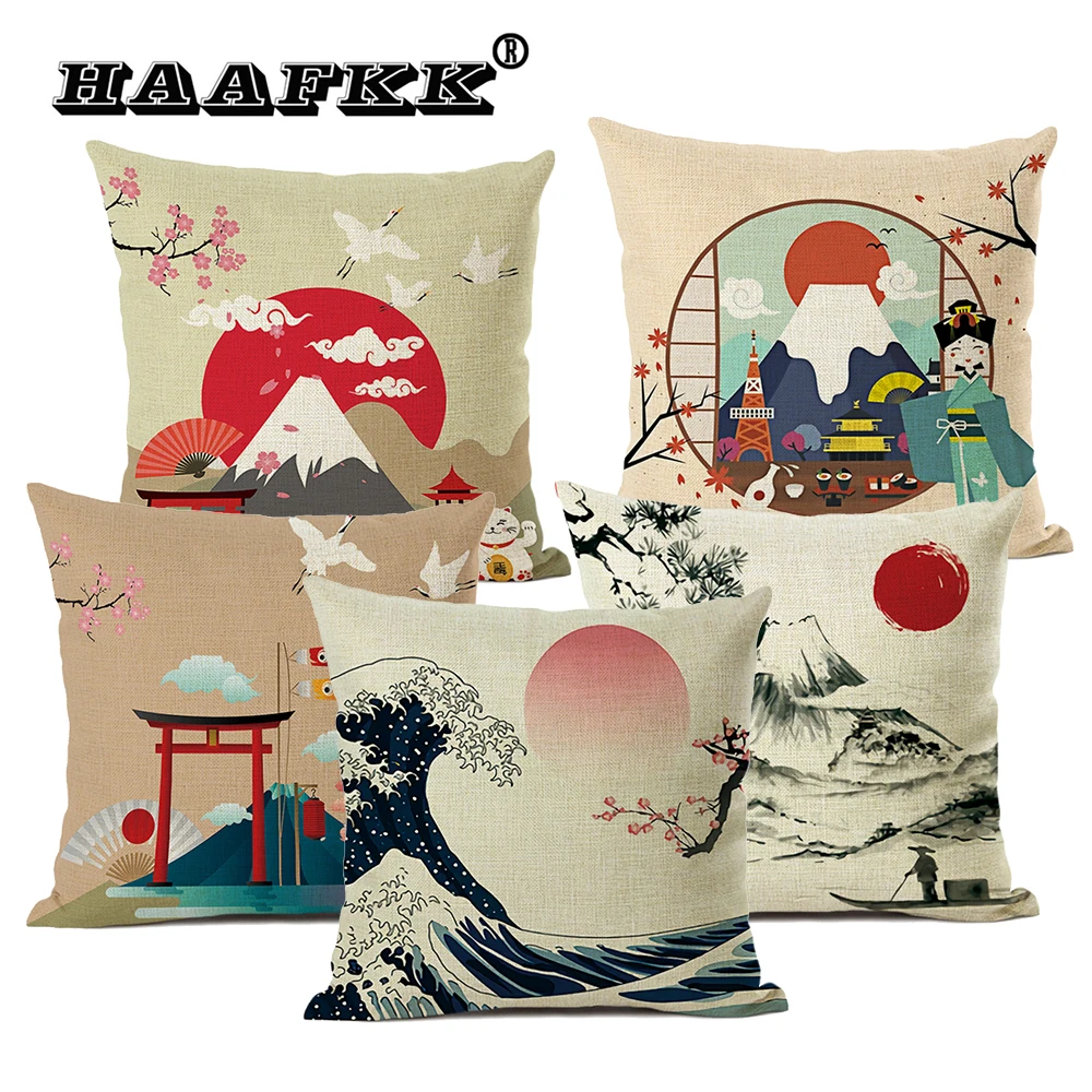

Decor Linen Japanese Fuji Mountain Ukiyo Style Retro Pillow Cover Cushion Cover for Sofa Home Decoration Pillowcase 45x45cm