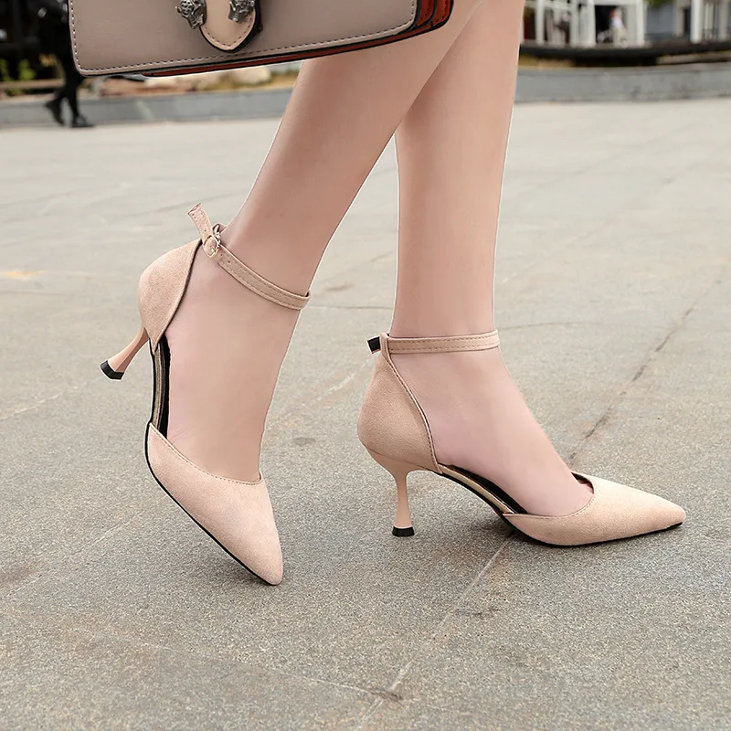 

2019 Spring New Style Single Shoes Straight Line Buckled Pointed Thin Heeled Versatile Closed-toe High Heel Shoes Yingbin Etique