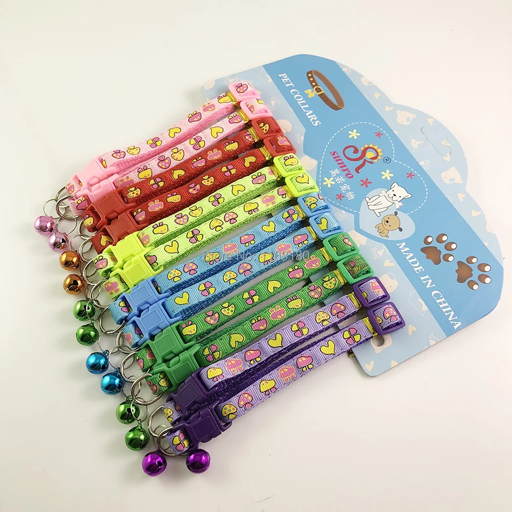 

96 pcs/lot Cute Pets Adjustable Mushroom Printed Dog Collars Puppy Pet Collars with Bells Necklace Small Dogs Cat collars
