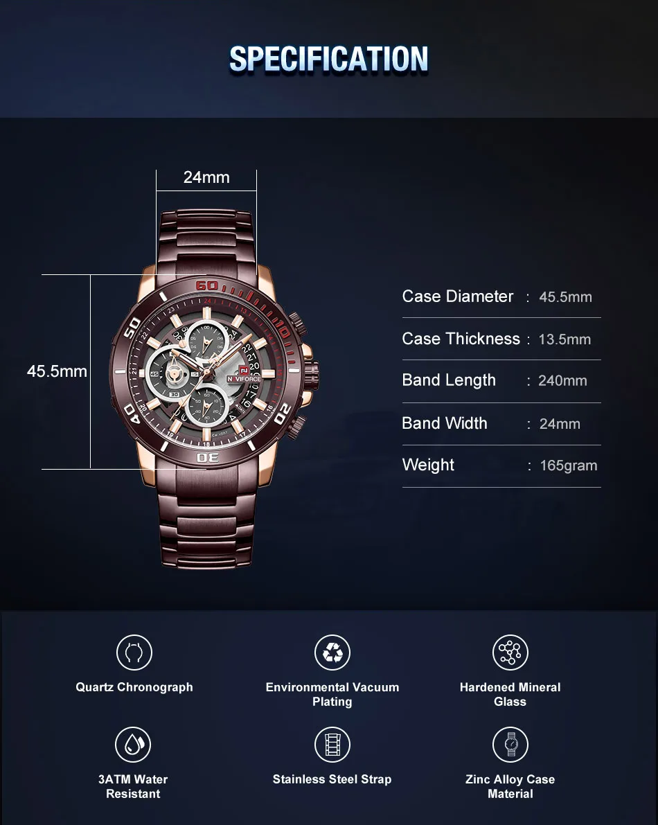 NAVIFORCE мужские часы Fashsion спортивные водонепроницаемые спортивные наручные часы Мужские часы с хронографом из нержавеющей стали Военный топ-бренд