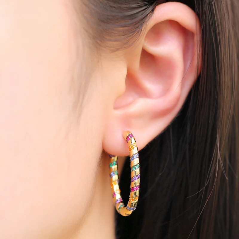 

Luxurious 925 Sterling Silver Single One Multicolor Zirconia Stripes Oval Hoop Mono Earring Women boucles d oreille femme 2019