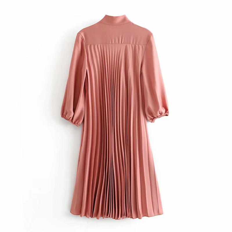Повседневное однотонное женское плиссированное платье с галстуком-бабочкой, милое женское прямое платье с рукавом три четверти, повседневное свободное женское офисное платье миди