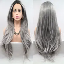 Темные корни Сивер серый Омбре парики натуральные прямые Термостойкие волокна сторона пробор волос синтетический парик фронта шнурка для женщин Девушка