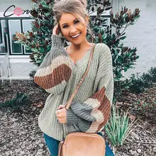 Conmoto Модный женский пуловер в полоску, серый женский свитер с длинными рукавами, свободный уличный джемпер с v-образным воротником, осень-зима