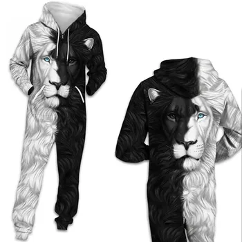 

Unisex 3D Lion Print Hooded With Pocket Zipper Playsuits Women Men Sweatshirt Streetwear Tracksuit Playsuit