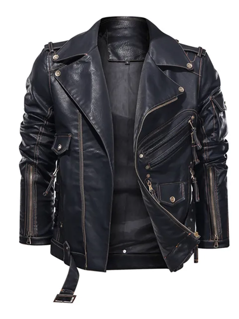Žieminė vyriška odinė striukė, madinga motociklinė strikė su stilingais užtrauktukų kišenėmis, prabangios prekės ženklo, Europos dydis 3